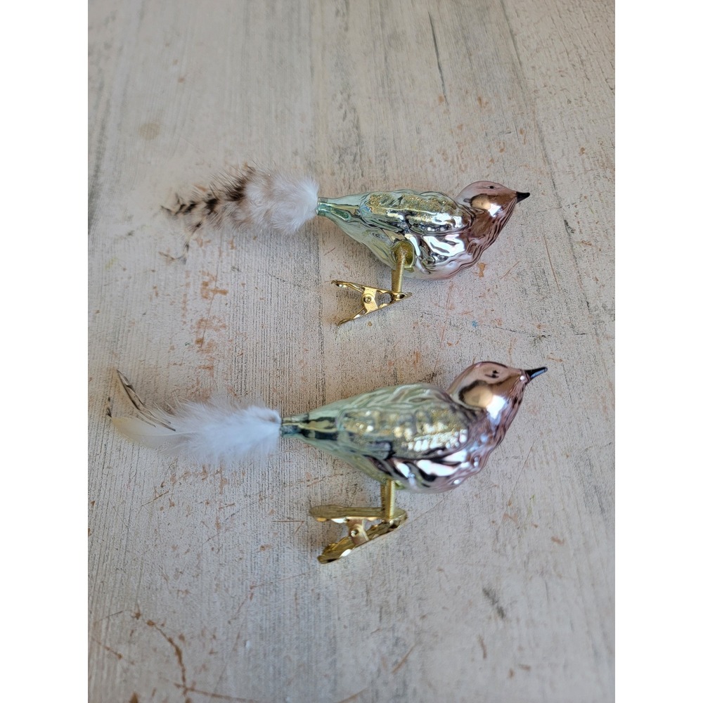 Vintage clip on bird feather set glass ornament Xmas pink blue unique home